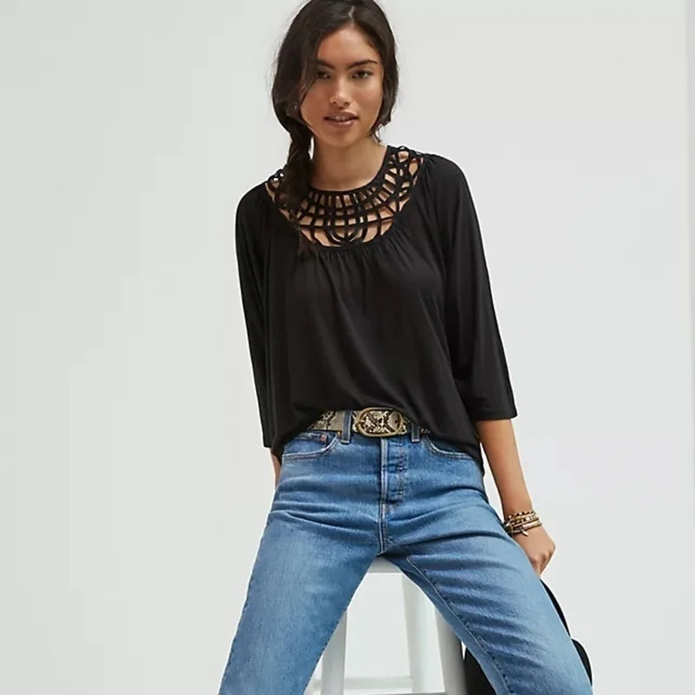 Anthropologie Black Embroidered Lace Bib Top Size XS